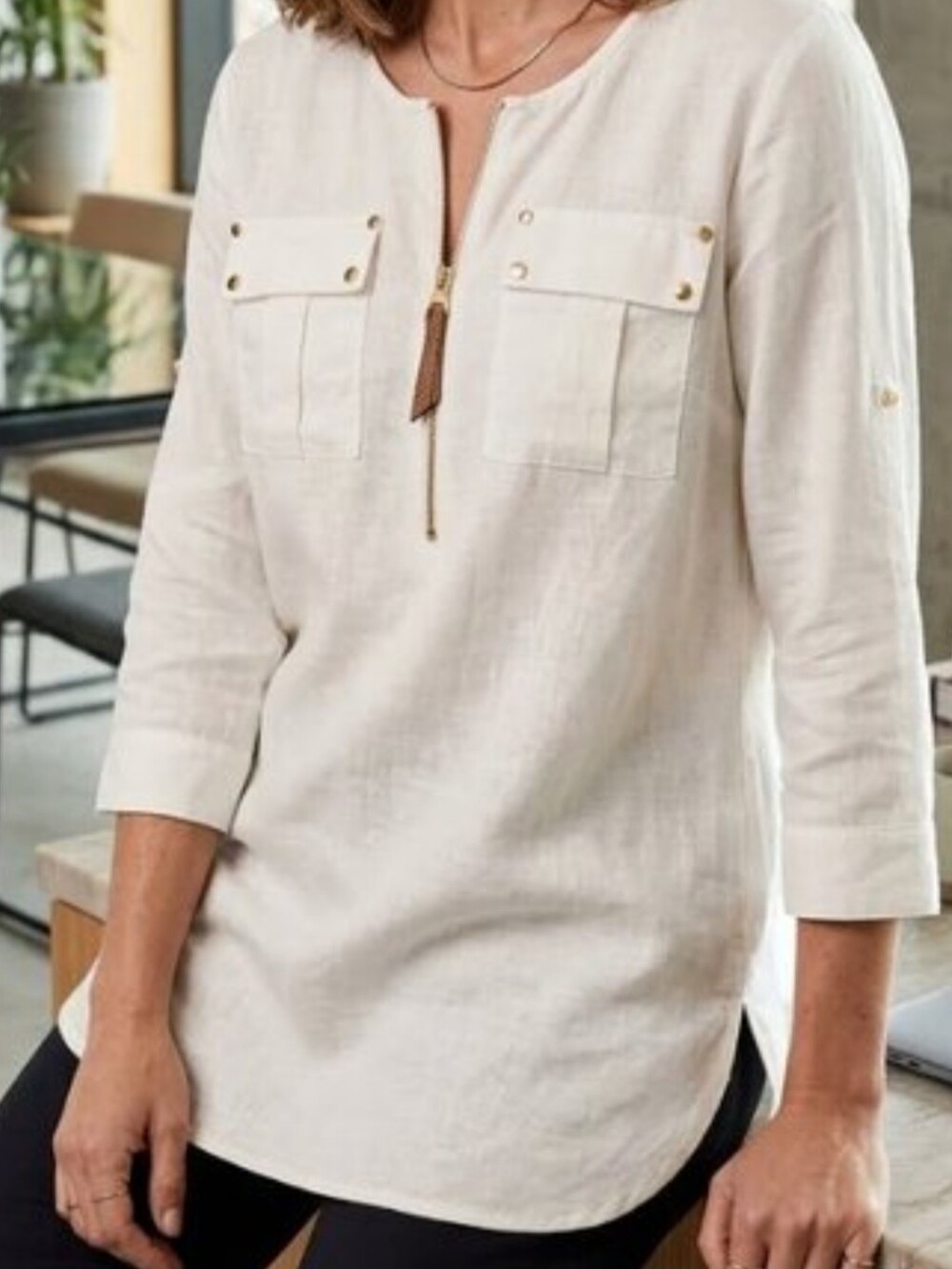 Ellen Tracy Relaxed Med 100% Linen Tunic Top Gold Tassel Pull
